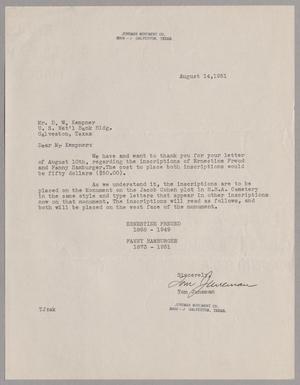 [Letter from Tom Juneman to Daniel W. Kempner, August 14, 1951]