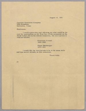 [Letter from Daniel W. Kempner to Juneman Monument Company, August 10, 1951]