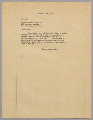 [Letter from D. W. Kempner to Liberty Music Shops, Inc., December 26, 1951]