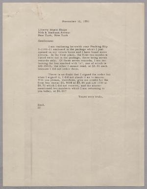 [Letter from D. W. Kempner to Liberty Music Shops, Inc., November 12, 1951]