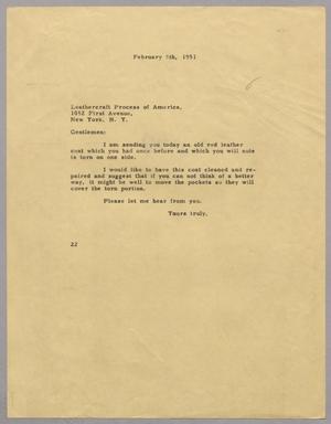 [Letter from Daniel W. Kempner to Leathercraft Process of America, February 8, 1951]