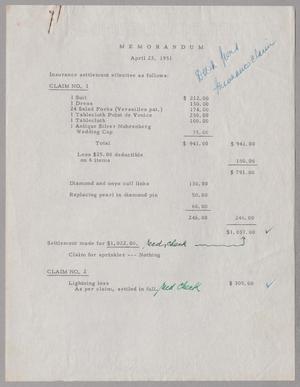 [Memorandum Regarding Insurance Settlements to D. W. Kempner, April 23, 1951]