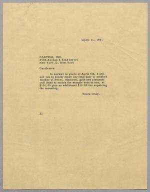 [Letter from Daniel W. Kempner to Cartier, Inc., April 11, 1951]