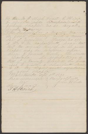 Primary view of object titled '[Recommendation Letter for John Woods, 1873]'.