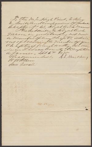 Primary view of object titled '[Recommendation Letter for C. L. Muel[..], September 6, 1875]'.