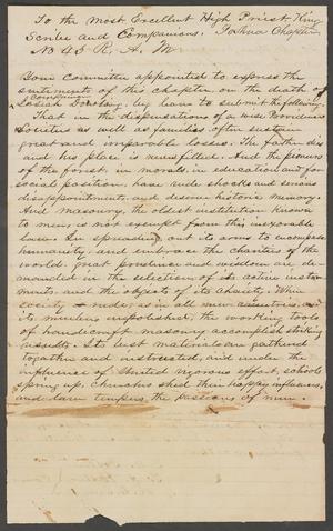 Primary view of object titled '[Letter From T. B. Foster, T. A. Hestin, and R. C. Saunders to Members of the Joshua Chapter No. 43, Royal Arch Masons]'.