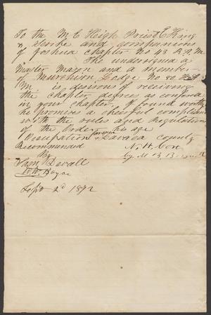 Primary view of object titled '[Recommendation Letter for N. H. Cort, September 20, 1872'.