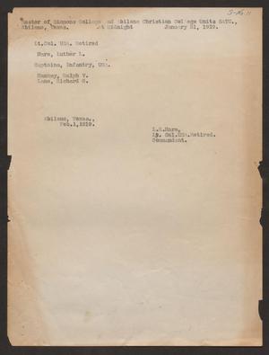 Roster of Simmons College and Abilene Christian College Units S. A. T. C., Abilene, Texas. At Midnight January 31, 1919.