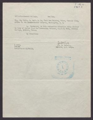 Primary view of object titled '[Correspondence from F. A. DeVerts to the Quartermaster General, January 11, 1919]'.