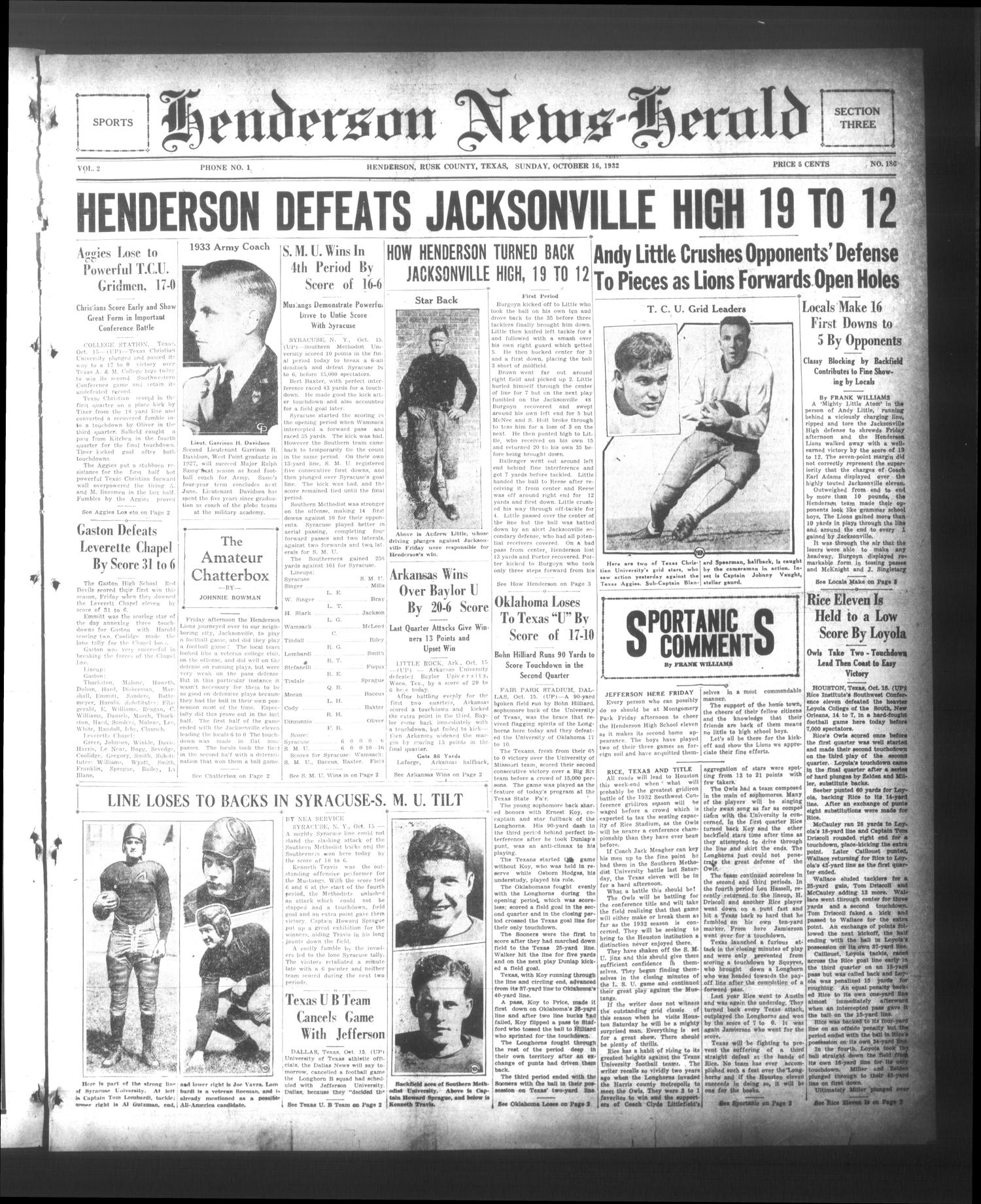 Henderson News-Herald (Henderson, Tex.), Vol. 2, No. 180, Ed. 1 Sunday, October 16, 1932
                                                
                                                    [Sequence #]: 17 of 24
                                                