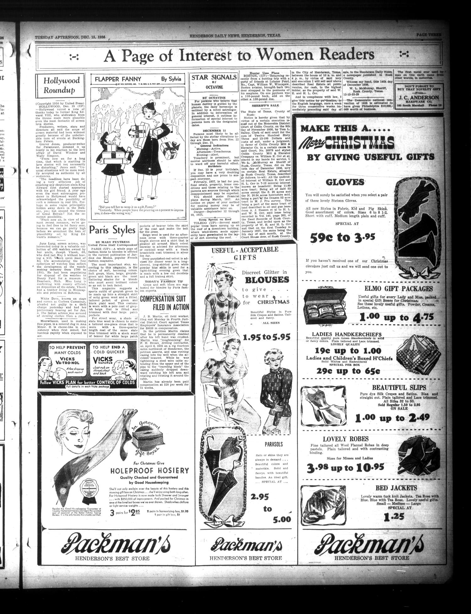 Henderson Daily News (Henderson, Tex.), Vol. 6, No. 232, Ed. 1 Tuesday, December 15, 1936
                                                
                                                    [Sequence #]: 3 of 12
                                                