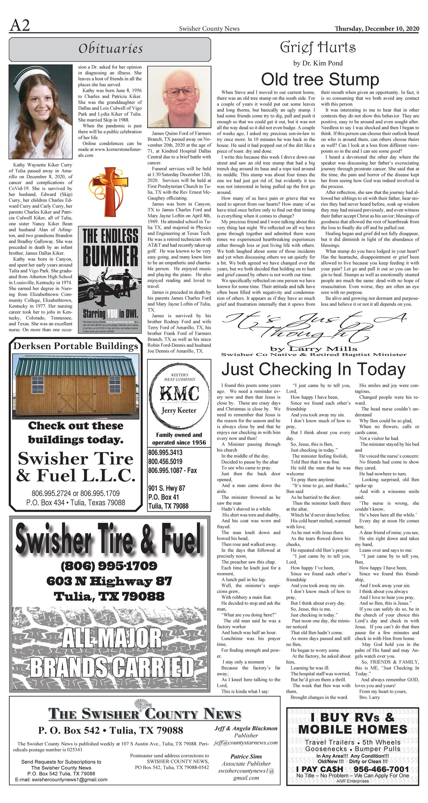 The Swisher County News (Tulia, Tex.), Vol. 12, No. 51, Ed. 1 Thursday, December 10, 2020
                                                
                                                    [Sequence #]: 2 of 8
                                                