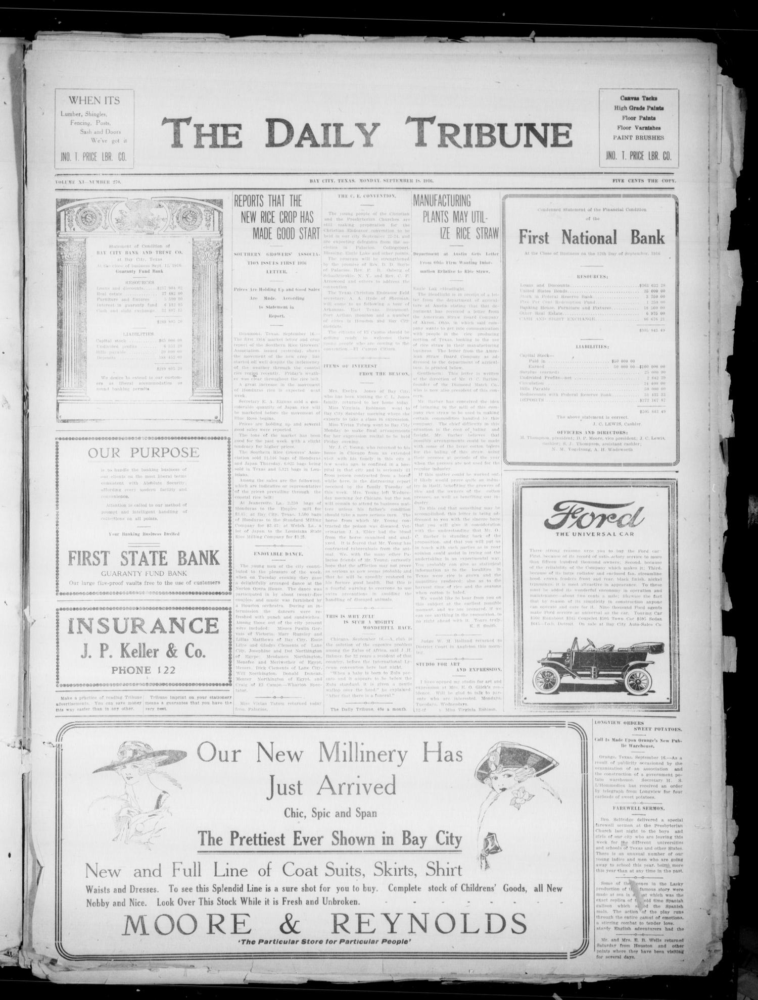 The Daily Tribune (Bay City, Tex.), Vol. 11, No. 270, Ed. 1 Monday, September 18, 1916
                                                
                                                    [Sequence #]: 1 of 4
                                                