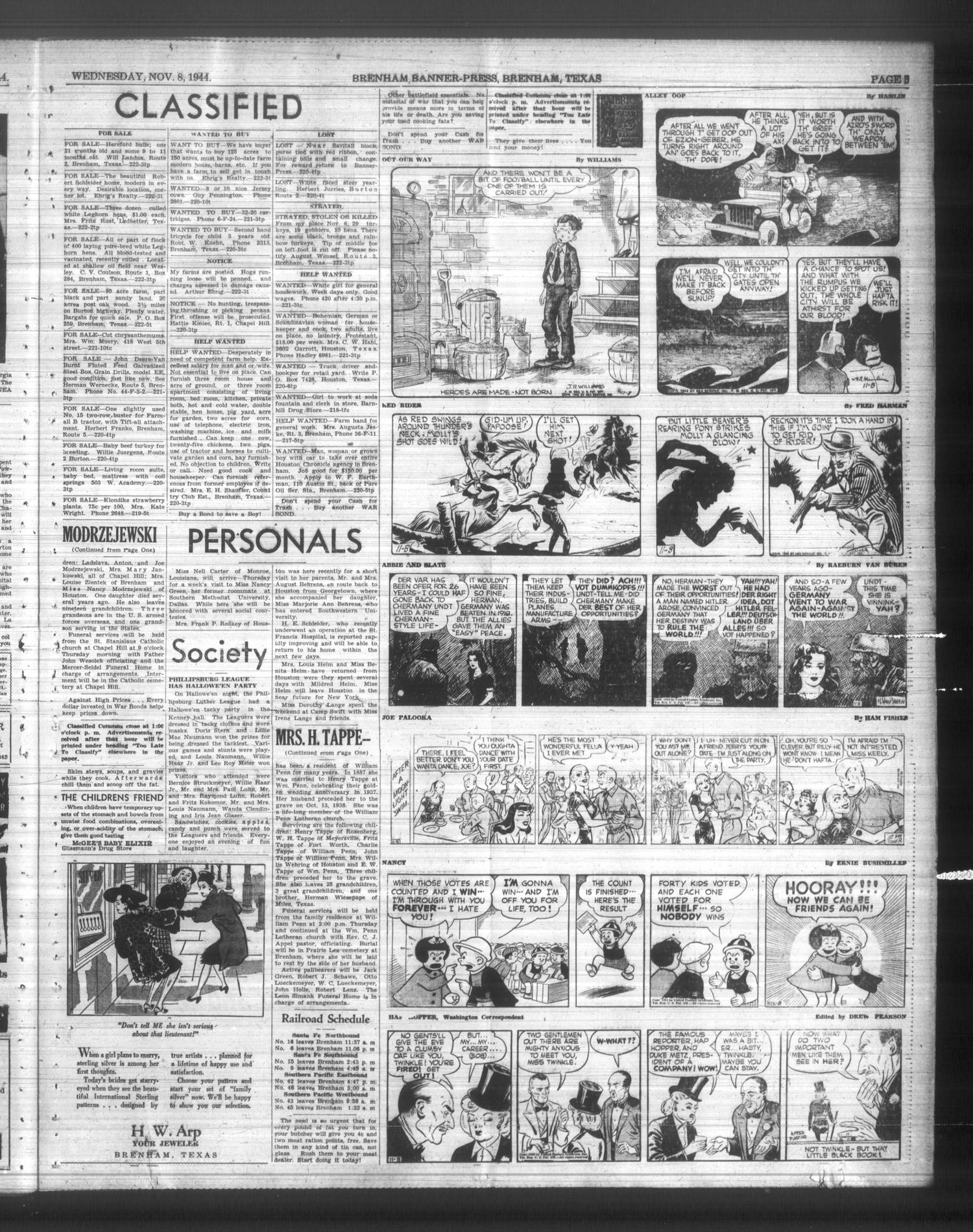 Brenham Banner-Press (Brenham, Tex.), Vol. 79, No. 222, Ed. 1 Wednesday, November 8, 1944
                                                
                                                    [Sequence #]: 3 of 4
                                                
