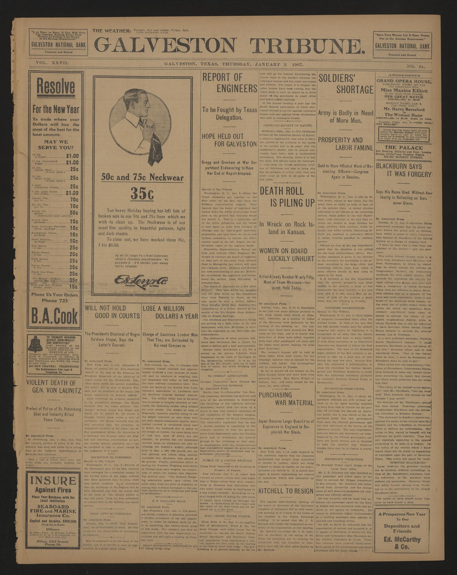 Galveston Tribune. (Galveston, Tex.), Vol. 27, No. 34, Ed. 1 Thursday, January 3, 1907
                                                
                                                    [Sequence #]: 1 of 8
                                                