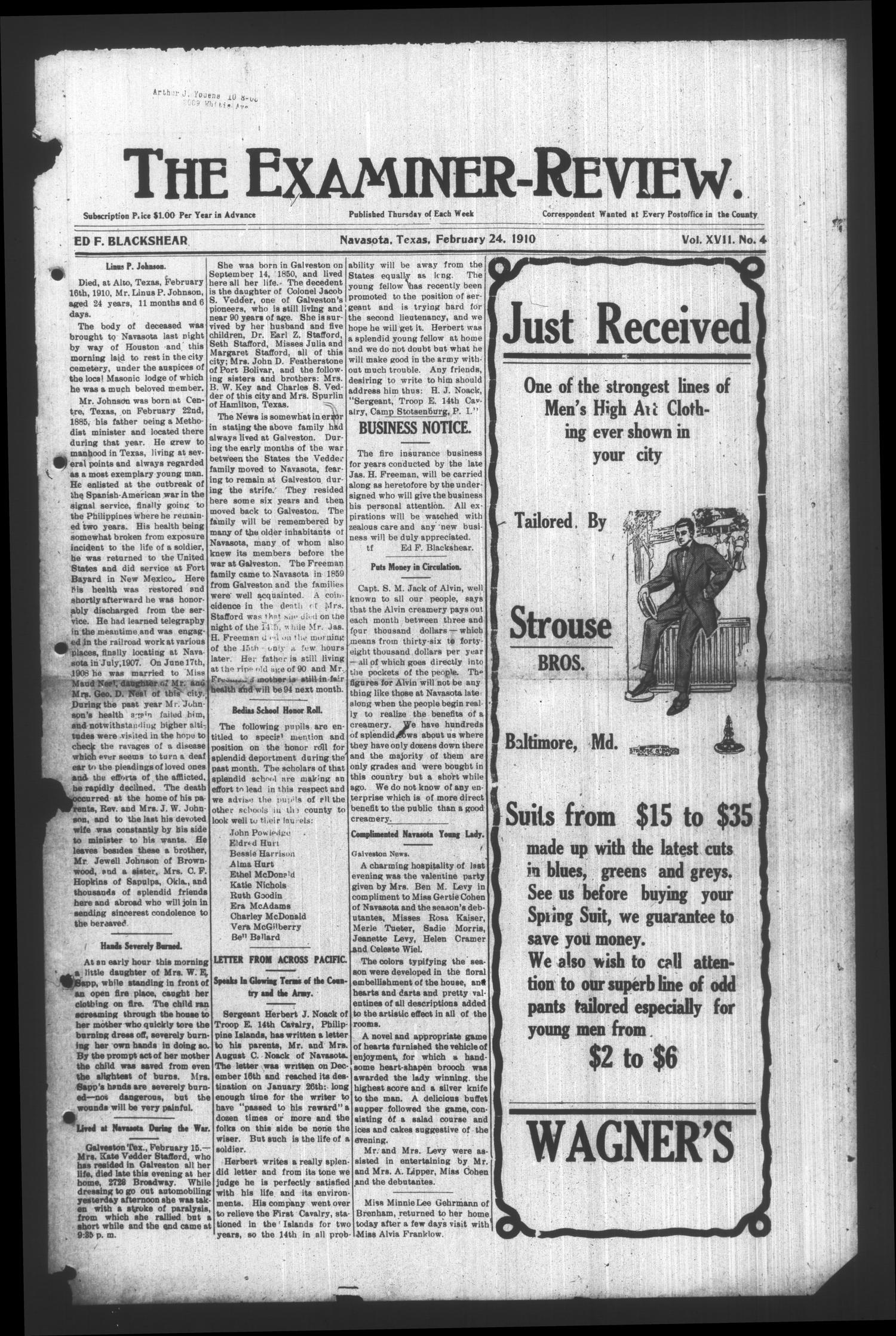 The Examiner-Review. (Navasota, Tex.), Vol. 17, No. 4, Ed. 1 Thursday, February 24, 1910
                                                
                                                    [Sequence #]: 1 of 8
                                                