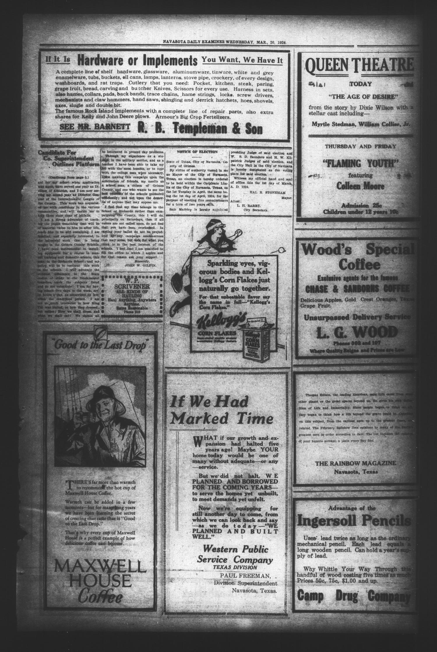 Navasota Daily Examiner (Navasota, Tex.), Vol. 27, No. 43, Ed. 1 Wednesday, March 26, 1924
                                                
                                                    [Sequence #]: 3 of 4
                                                