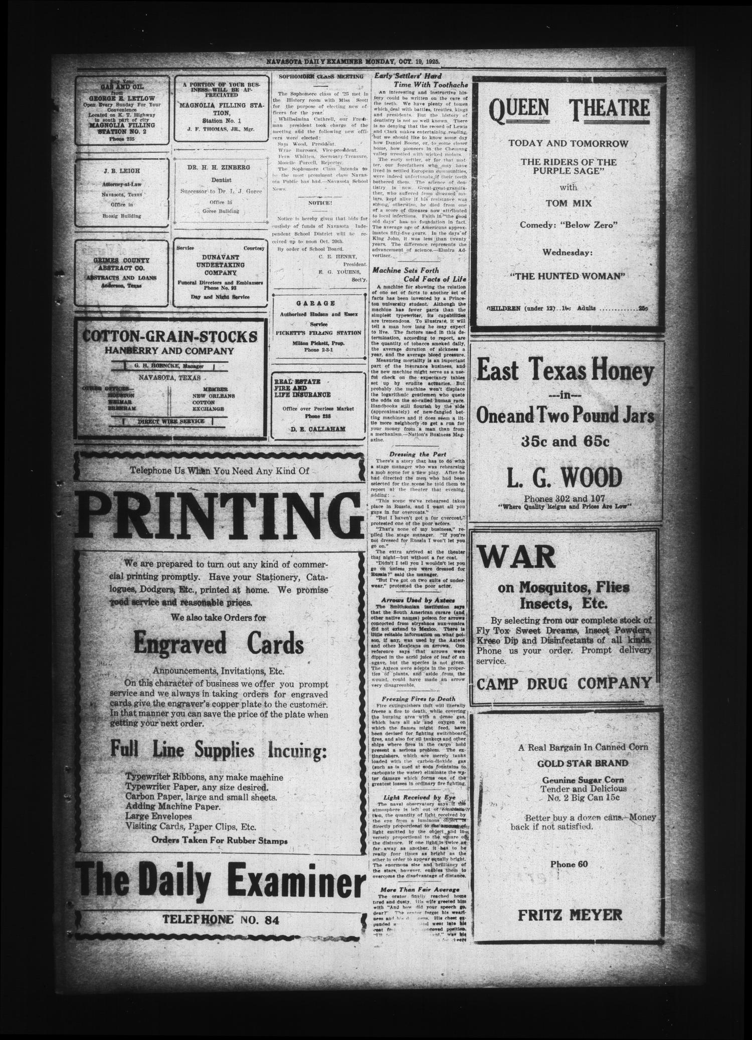 Navasota Daily Examiner (Navasota, Tex.), Vol. 28, No. 216, Ed. 1 Monday, October 19, 1925
                                                
                                                    [Sequence #]: 3 of 4
                                                