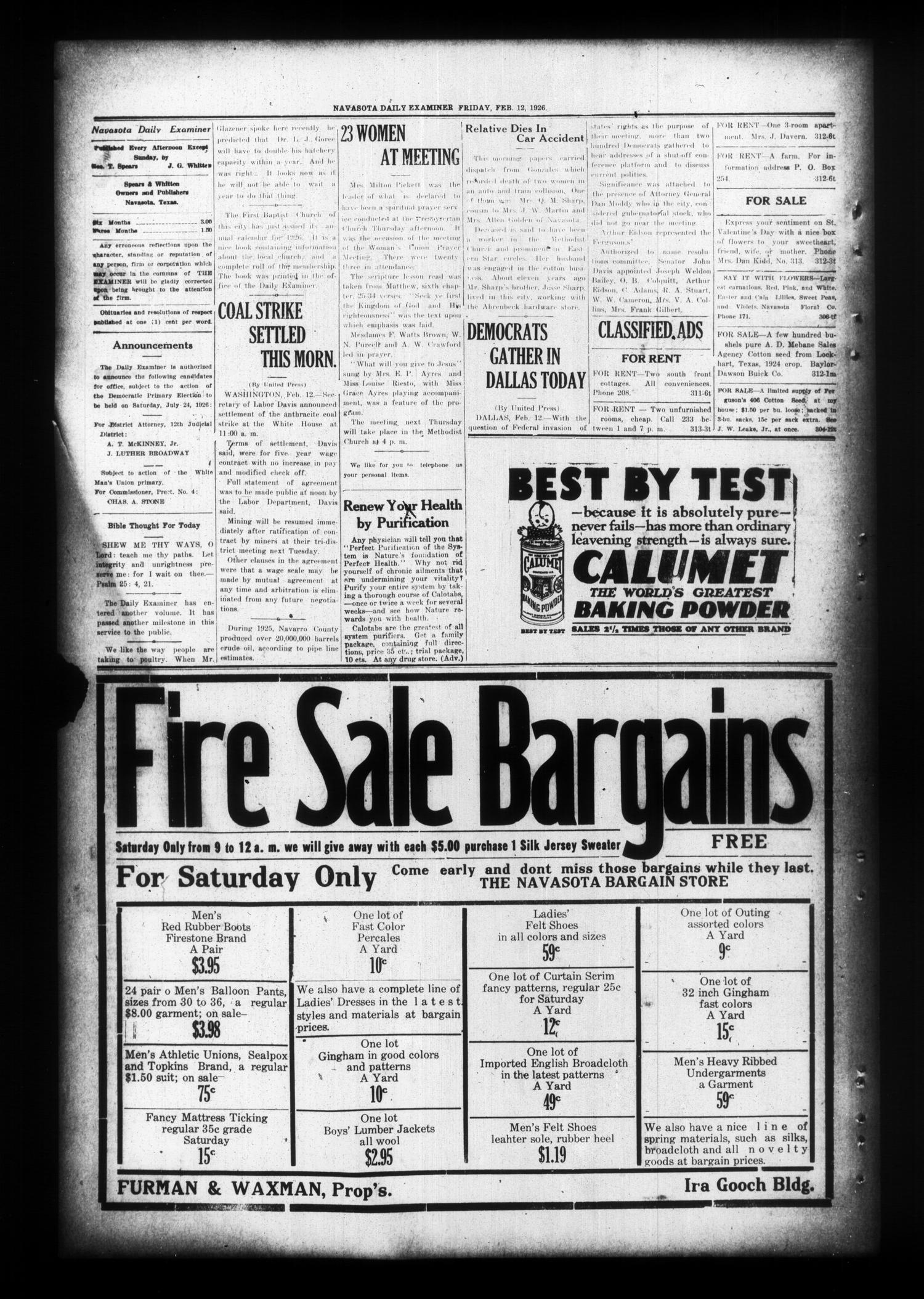 Navasota Daily Examiner (Navasota, Tex.), Vol. 29, No. 3, Ed. 1 Friday, February 12, 1926
                                                
                                                    [Sequence #]: 2 of 4
                                                