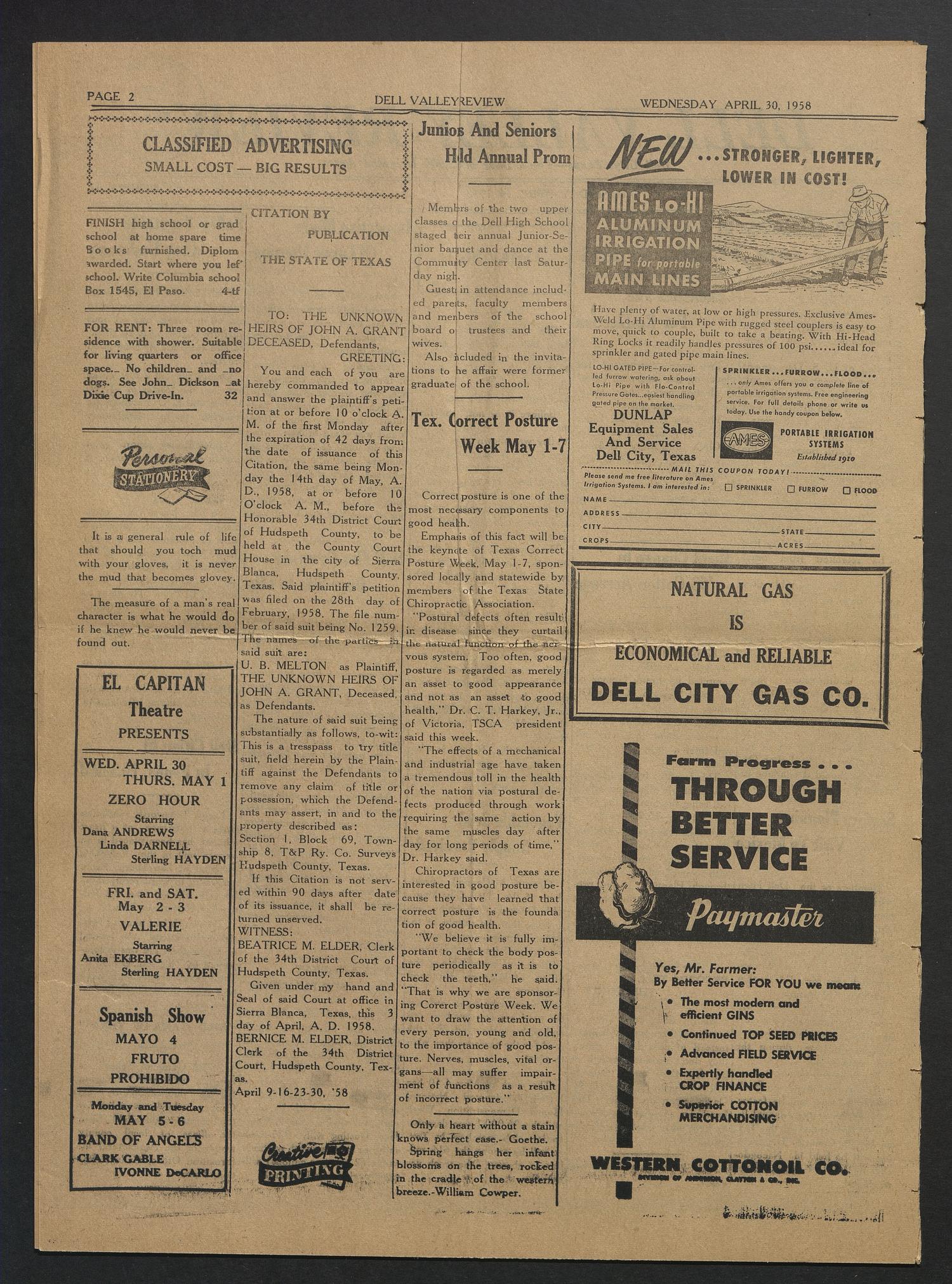 Dell Valley Review (Dell City, Tex.), Vol. 2, No. 37, Ed. 1 Wednesday, April 30, 1958
                                                
                                                    [Sequence #]: 2 of 6
                                                