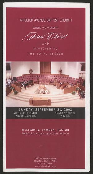 Primary view of object titled '[Wheeler Avenue Baptist Church Bulletin: September 21, 2003]'.