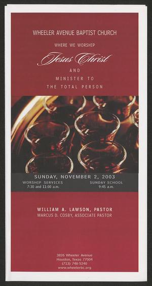 [Wheeler Avenue Baptist Church Bulletin: November 2, 2003]