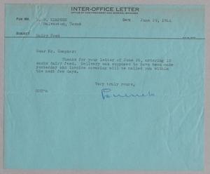 [Inter-Office Letter from G. D. Ulrich to D. W. Kempner, June 29, 1944]