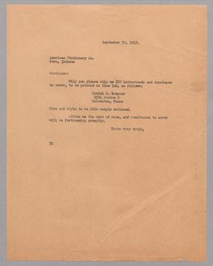 Primary view of object titled '[Letter from D. W. Kempner to American Stationery Co., September 30, 1948]'.