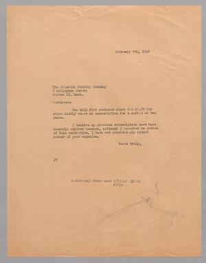 [Letter from Daniel W. Kempner to Atlantic Monthly Company, February 9, 1948]