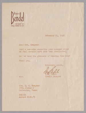 Primary view of object titled '[Letter from D. M. Stahl to Jeane Kempner, February 21, 1948]'.