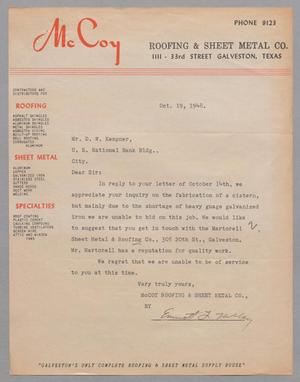 [Letter from Emmett J. McCoy to D. W. Kempner, October 19, 1948]