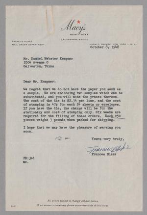 [Letter from Frances Blake to Daniel Webster Kempner, October 8, 1948]