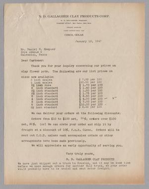 [Letter from N. D. Gallagher Clay Products Corp. to D. W. Kempner, January 13, 1947]