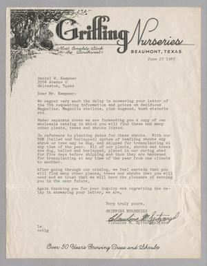 [Letter from Griffing Nurseries to D. W. Kempner, June 27, 1947]