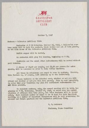 [Letter from Galveston Artillery Club, October 7, 1948]