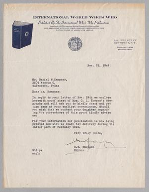 [Letter from G. G. Sampson to Daniel W. Kempner, November 22, 1948]
