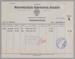 [Invoice for Insurance for Mr. D. W. Kempner, June 1948]