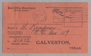 Primary view of object titled '[Return Receipt from the Post Office Department to H. Kempner, March 6, 1948]'.