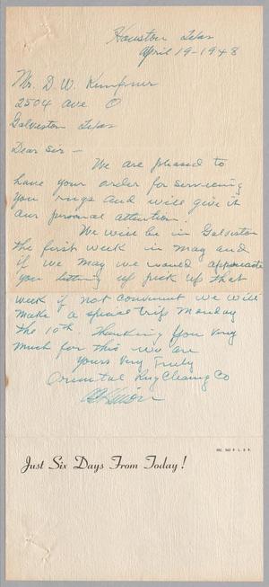 [Letter from the Oriental Rug Cleaning Co. to D. W. Kempner, April 19, 1948]