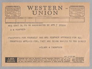 [Telegram from Clark W. Thompson to D. W. Kempner, April 7, 1948]