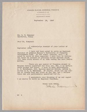 [Letter from Vinson, Elkins, Weems & Francis to Mr. D. W. Kempner, September 18, 1947]