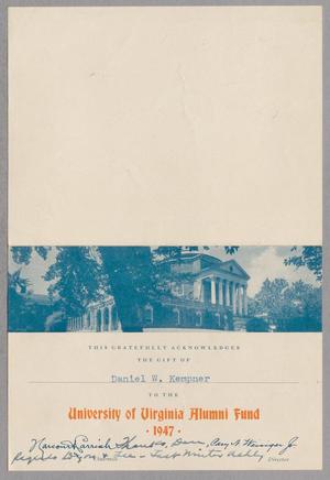 [Card from the University of Virginia Alumni Fund to D. W. Kempner, 1947]
