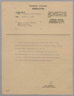 [Letter from R. B. Shipley to Jeane Bertig Kempner, April 5, 1948]