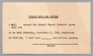 [Reservation Card from the Galveston Artillery Club, 1949]