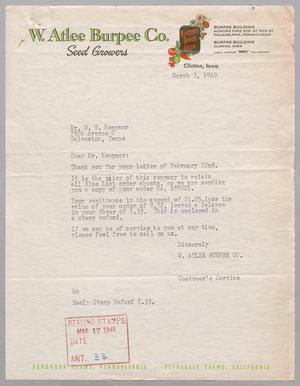 Primary view of object titled '[Letter from W. Atlee Burpee Co. to Mr. D. W. Kempner, March 3, 1949]'.