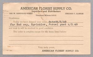 Primary view of object titled '[Postcard from the American Florist Supply Co. to D. W. Kempner, June 3, 1949]'.
