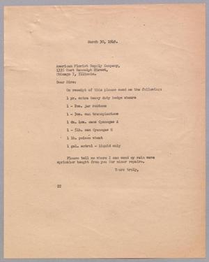 Primary view of object titled '[Letter from D. W. Kempner to American Florist Supply Company, March 30, 1949]'.