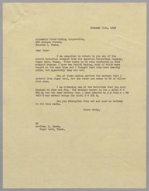 [Letter from Daniel W. Kempner to Automatic Distributing Corporation, October 11, 1949]