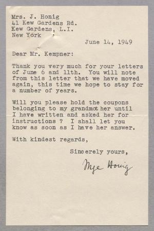 [Letter from Inge Freund Honig to D. W. Kempner, June 14, 1949]