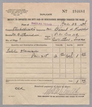 Primary view of object titled '[Receipt for Table Glassware Imported Through the Mails, January 1941]'.